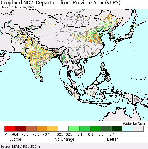 Asia Cropland NDVI Departure from Previous Year (VIIRS) Thematic Map For 5/17/2022 - 5/24/2022