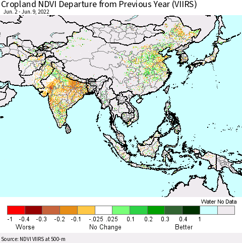 Asia Cropland NDVI Departure from Previous Year (VIIRS) Thematic Map For 6/2/2022 - 6/9/2022