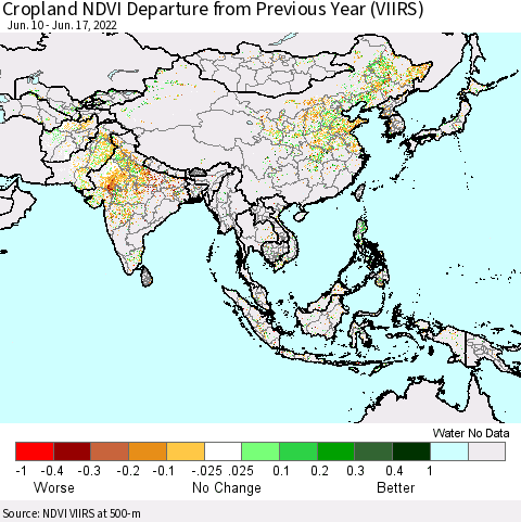 Asia Cropland NDVI Departure from Previous Year (VIIRS) Thematic Map For 6/10/2022 - 6/17/2022