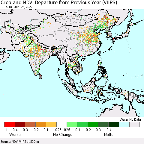 Asia Cropland NDVI Departure from Previous Year (VIIRS) Thematic Map For 6/18/2022 - 6/25/2022