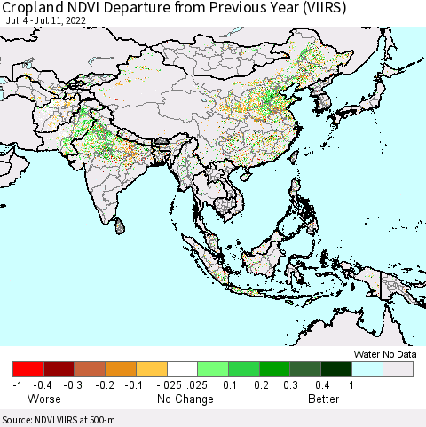 Asia Cropland NDVI Departure from Previous Year (VIIRS) Thematic Map For 7/4/2022 - 7/11/2022