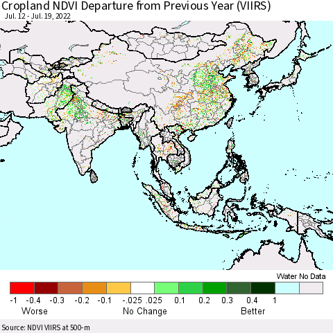 Asia Cropland NDVI Departure from Previous Year (VIIRS) Thematic Map For 7/12/2022 - 7/19/2022
