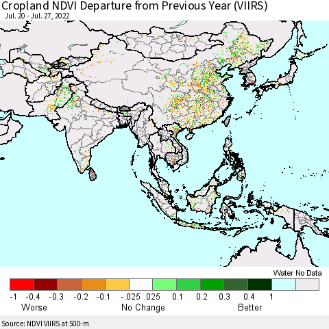 Asia Cropland NDVI Departure from Previous Year (VIIRS) Thematic Map For 7/20/2022 - 7/27/2022
