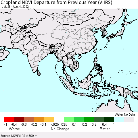 Asia Cropland NDVI Departure from Previous Year (VIIRS) Thematic Map For 7/28/2022 - 8/4/2022