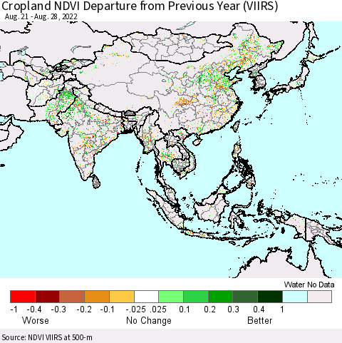 Asia Cropland NDVI Departure from Previous Year (VIIRS) Thematic Map For 8/21/2022 - 8/28/2022