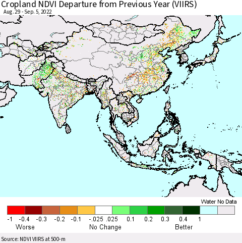 Asia Cropland NDVI Departure from Previous Year (VIIRS) Thematic Map For 8/29/2022 - 9/5/2022