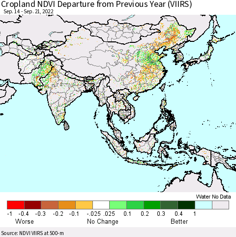 Asia Cropland NDVI Departure from Previous Year (VIIRS) Thematic Map For 9/14/2022 - 9/21/2022
