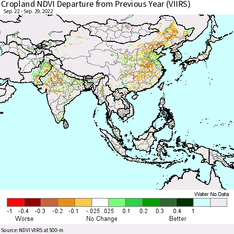 Asia Cropland NDVI Departure from Previous Year (VIIRS) Thematic Map For 9/22/2022 - 9/29/2022