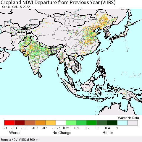 Asia Cropland NDVI Departure from Previous Year (VIIRS) Thematic Map For 10/8/2022 - 10/15/2022