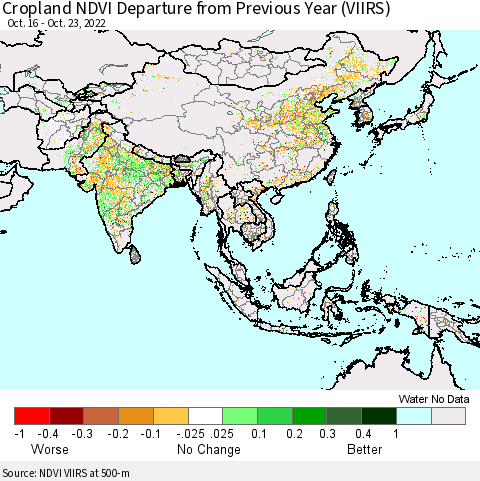 Asia Cropland NDVI Departure from Previous Year (VIIRS) Thematic Map For 10/16/2022 - 10/23/2022