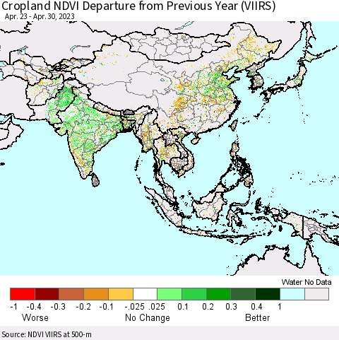 Asia Cropland NDVI Departure from Previous Year (VIIRS) Thematic Map For 4/23/2023 - 4/30/2023