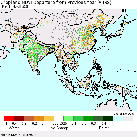 Asia Cropland NDVI Departure from Previous Year (VIIRS) Thematic Map For 5/1/2023 - 5/8/2023
