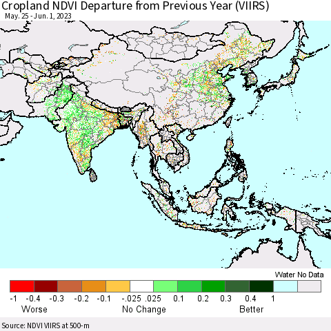 Asia Cropland NDVI Departure from Previous Year (VIIRS) Thematic Map For 5/25/2023 - 6/1/2023