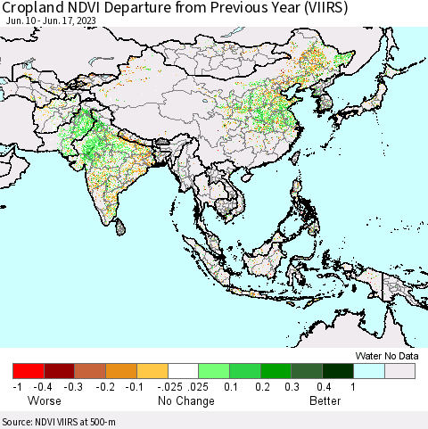 Asia Cropland NDVI Departure from Previous Year (VIIRS) Thematic Map For 6/10/2023 - 6/17/2023