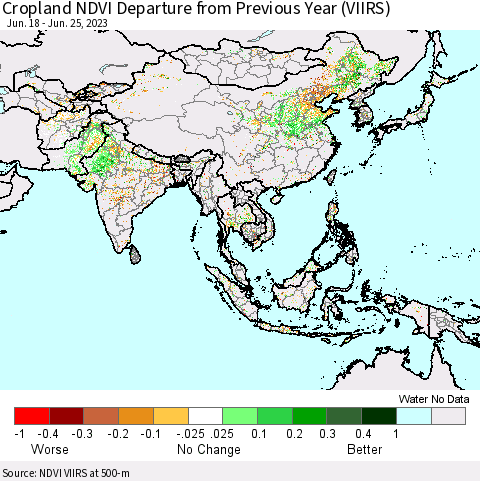 Asia Cropland NDVI Departure from Previous Year (VIIRS) Thematic Map For 6/18/2023 - 6/25/2023