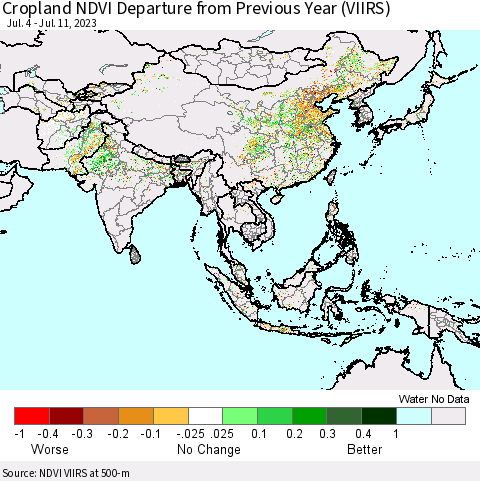 Asia Cropland NDVI Departure from Previous Year (VIIRS) Thematic Map For 7/4/2023 - 7/11/2023