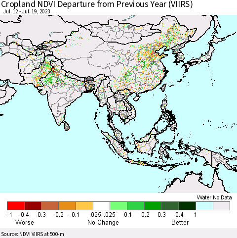 Asia Cropland NDVI Departure from Previous Year (VIIRS) Thematic Map For 7/12/2023 - 7/19/2023