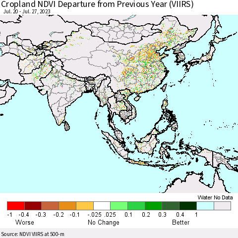 Asia Cropland NDVI Departure from Previous Year (VIIRS) Thematic Map For 7/20/2023 - 7/27/2023