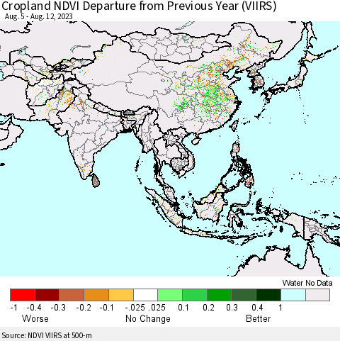 Asia Cropland NDVI Departure from Previous Year (VIIRS) Thematic Map For 8/5/2023 - 8/12/2023