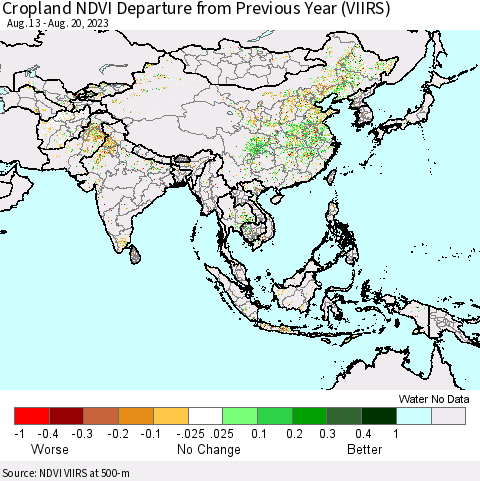 Asia Cropland NDVI Departure from Previous Year (VIIRS) Thematic Map For 8/13/2023 - 8/20/2023