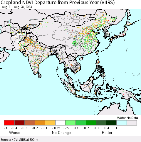 Asia Cropland NDVI Departure from Previous Year (VIIRS) Thematic Map For 8/21/2023 - 8/28/2023