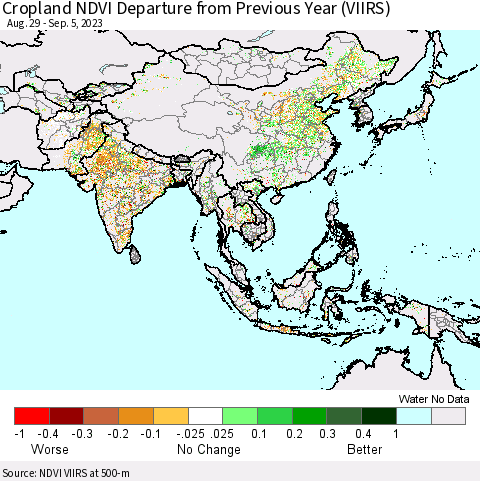 Asia Cropland NDVI Departure from Previous Year (VIIRS) Thematic Map For 8/29/2023 - 9/5/2023