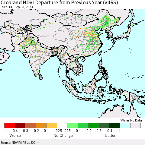 Asia Cropland NDVI Departure from Previous Year (VIIRS) Thematic Map For 9/14/2023 - 9/21/2023