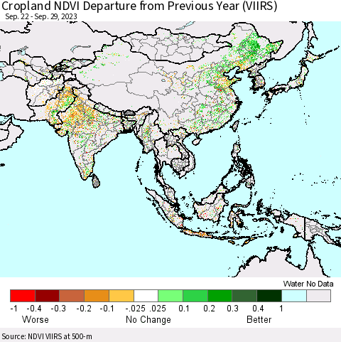 Asia Cropland NDVI Departure from Previous Year (VIIRS) Thematic Map For 9/22/2023 - 9/29/2023