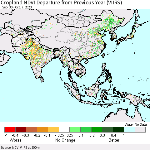 Asia Cropland NDVI Departure from Previous Year (VIIRS) Thematic Map For 9/30/2023 - 10/7/2023