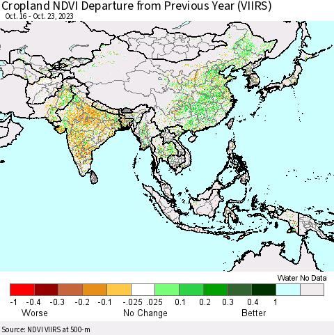 Asia Cropland NDVI Departure from Previous Year (VIIRS) Thematic Map For 10/16/2023 - 10/23/2023