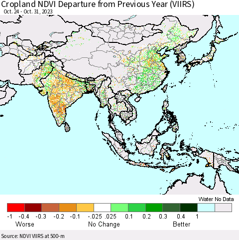 Asia Cropland NDVI Departure from Previous Year (VIIRS) Thematic Map For 10/24/2023 - 10/31/2023