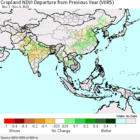 Asia Cropland NDVI Departure from Previous Year (VIIRS) Thematic Map For 11/1/2023 - 11/8/2023