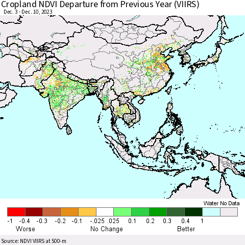 Asia Cropland NDVI Departure from Previous Year (VIIRS) Thematic Map For 12/3/2023 - 12/10/2023