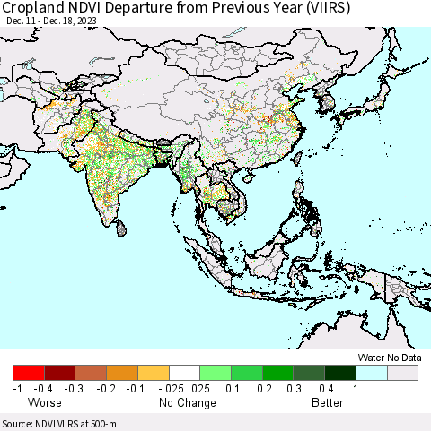 Asia Cropland NDVI Departure from Previous Year (VIIRS) Thematic Map For 12/11/2023 - 12/18/2023