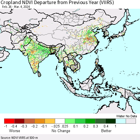 Asia Cropland NDVI Departure from Previous Year (VIIRS) Thematic Map For 2/26/2024 - 3/4/2024
