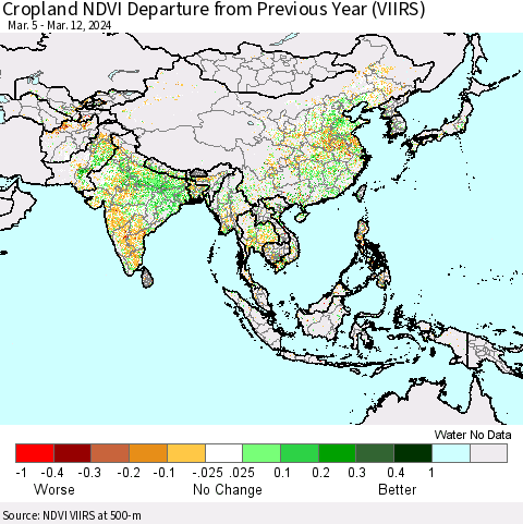Asia Cropland NDVI Departure from Previous Year (VIIRS) Thematic Map For 3/5/2024 - 3/12/2024