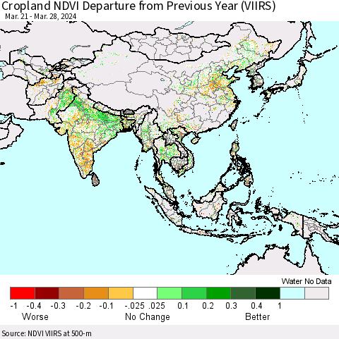Asia Cropland NDVI Departure from Previous Year (VIIRS) Thematic Map For 3/21/2024 - 3/28/2024