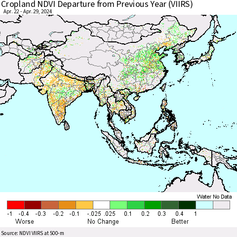 Asia Cropland NDVI Departure from Previous Year (VIIRS) Thematic Map For 4/22/2024 - 4/29/2024