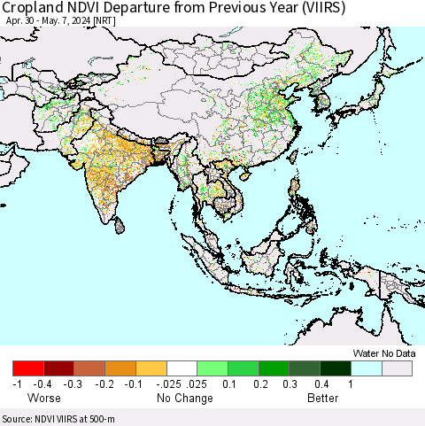Asia Cropland NDVI Departure from Previous Year (VIIRS) Thematic Map For 4/30/2024 - 5/7/2024