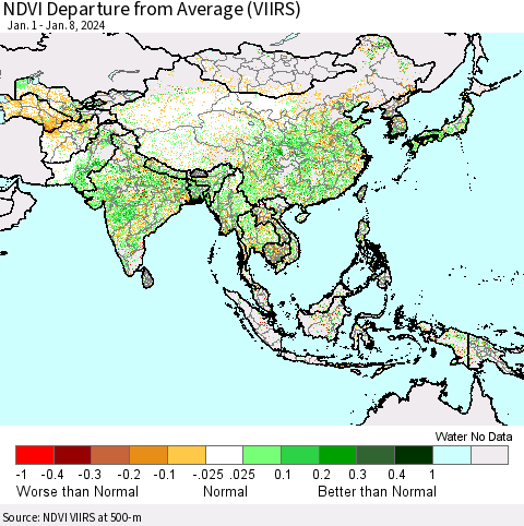Asia NDVI Departure from Average (VIIRS) Thematic Map For 1/1/2024 - 1/8/2024