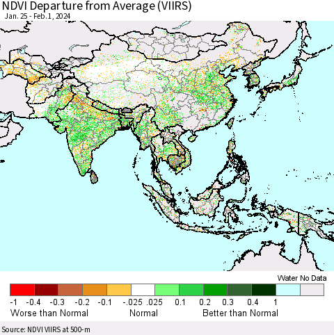 Asia NDVI Departure from Average (VIIRS) Thematic Map For 1/25/2024 - 2/1/2024