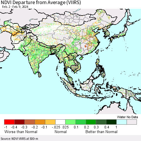 Asia NDVI Departure from Average (VIIRS) Thematic Map For 2/2/2024 - 2/9/2024