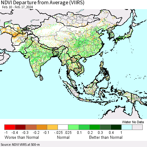Asia NDVI Departure from Average (VIIRS) Thematic Map For 2/10/2024 - 2/17/2024