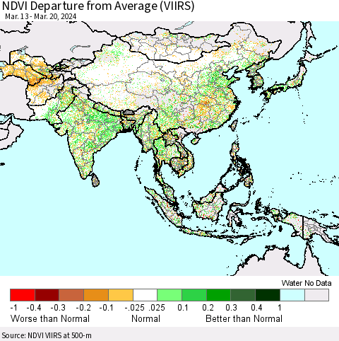 Asia NDVI Departure from Average (VIIRS) Thematic Map For 3/13/2024 - 3/20/2024