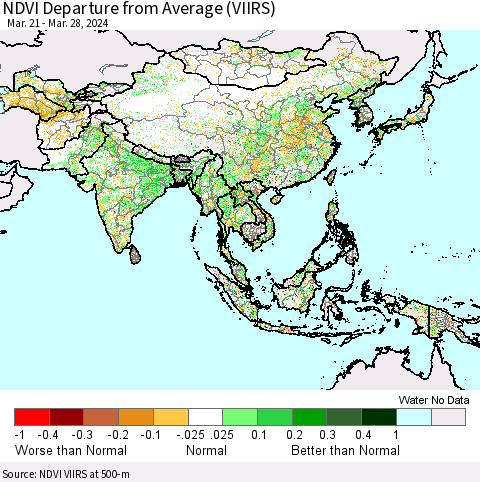 Asia NDVI Departure from Average (VIIRS) Thematic Map For 3/21/2024 - 3/28/2024