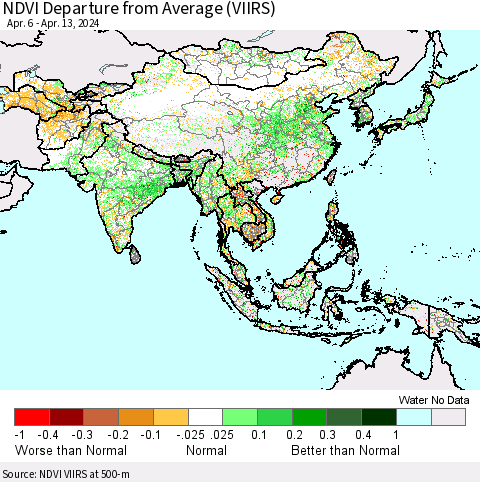 Asia NDVI Departure from Average (VIIRS) Thematic Map For 4/6/2024 - 4/13/2024