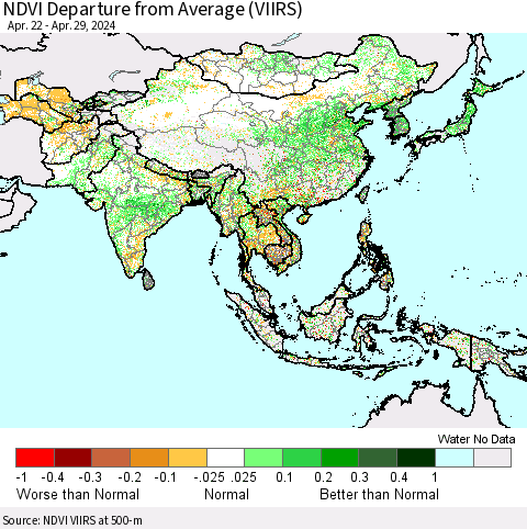 Asia NDVI Departure from Average (VIIRS) Thematic Map For 4/22/2024 - 4/29/2024
