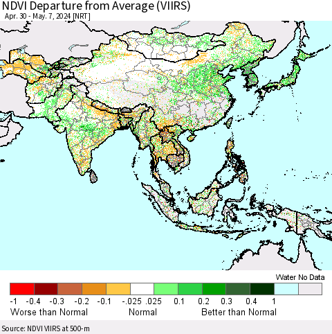 Asia NDVI Departure from Average (VIIRS) Thematic Map For 4/30/2024 - 5/7/2024