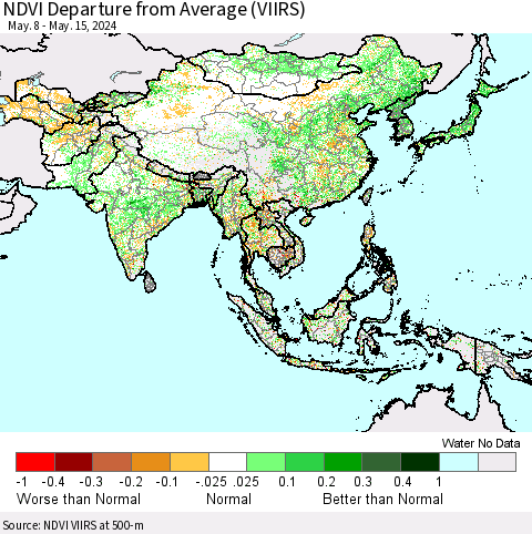 Asia NDVI Departure from Average (VIIRS) Thematic Map For 5/8/2024 - 5/15/2024
