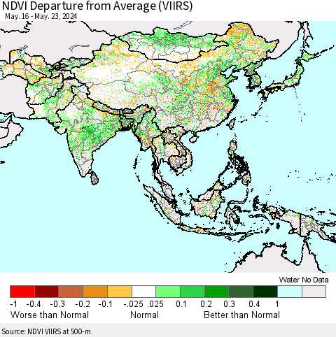 Asia NDVI Departure from Average (VIIRS) Thematic Map For 5/16/2024 - 5/23/2024